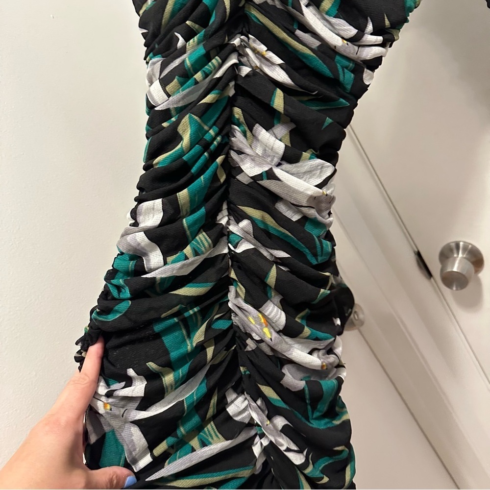 DVF Diane Von Furstenberg Mesh Overlay Ruched Midi Dress 8 bodycon floral Vneck - Picture 5 of 8